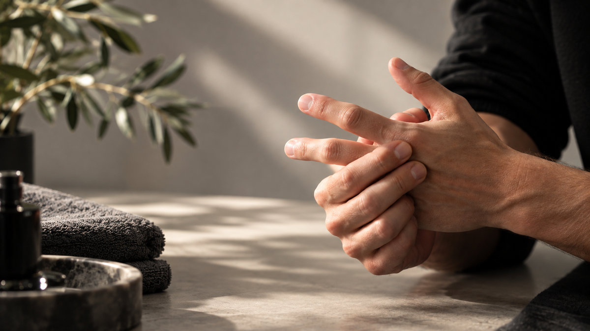 Hände massieren sich gegenseitig die verspannten Finger auf einer Steinablage neben Handtuch und Olivenzweig