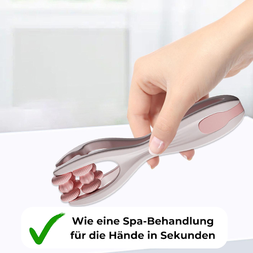 Finger Flow Massage-Roller in Rosé in der Hand – kompakt genug für Hosentasche, Gym-Bag oder Schreibtischschublade